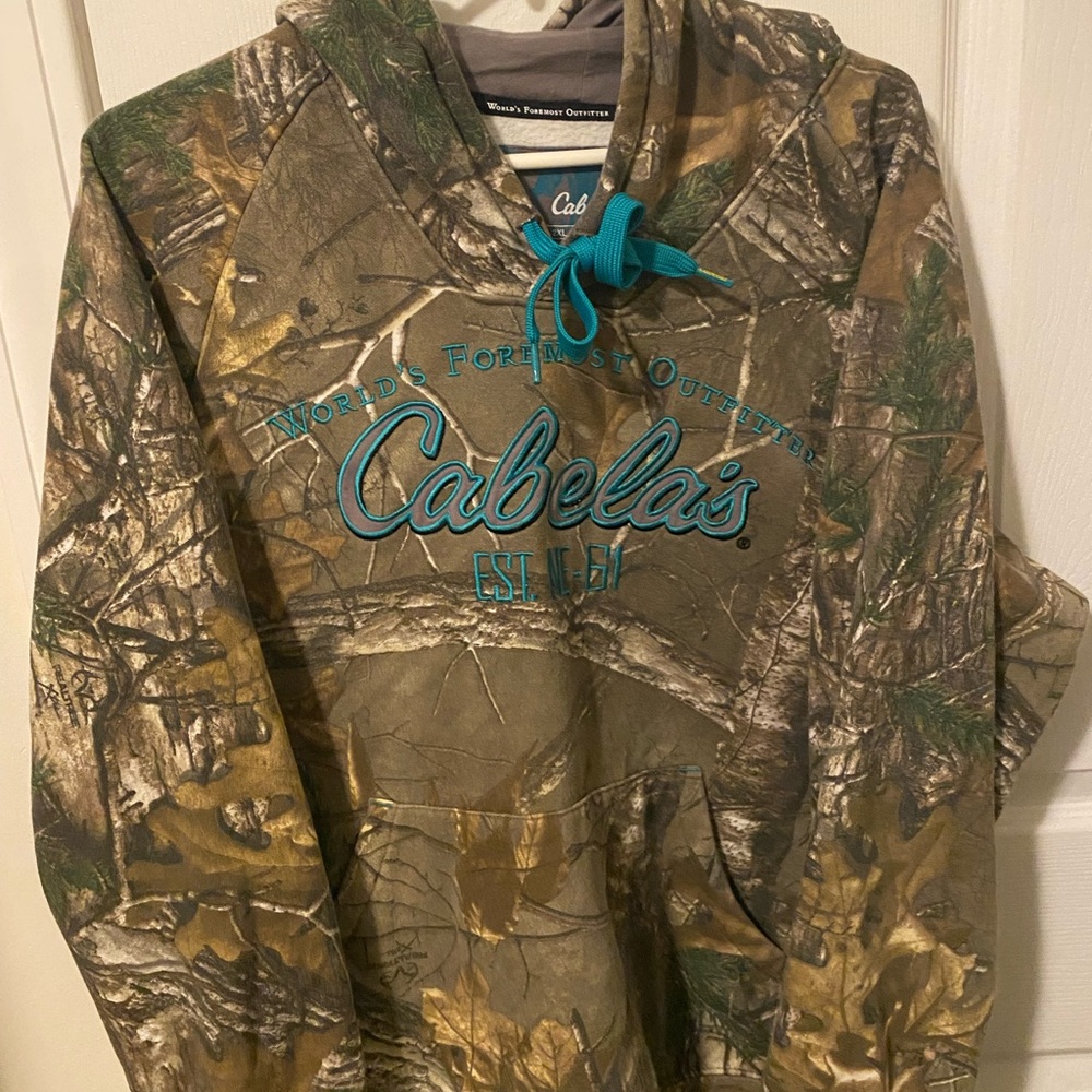 Cabela's Camouflage Hoodie with Teal Embroidery and Drawstrings
